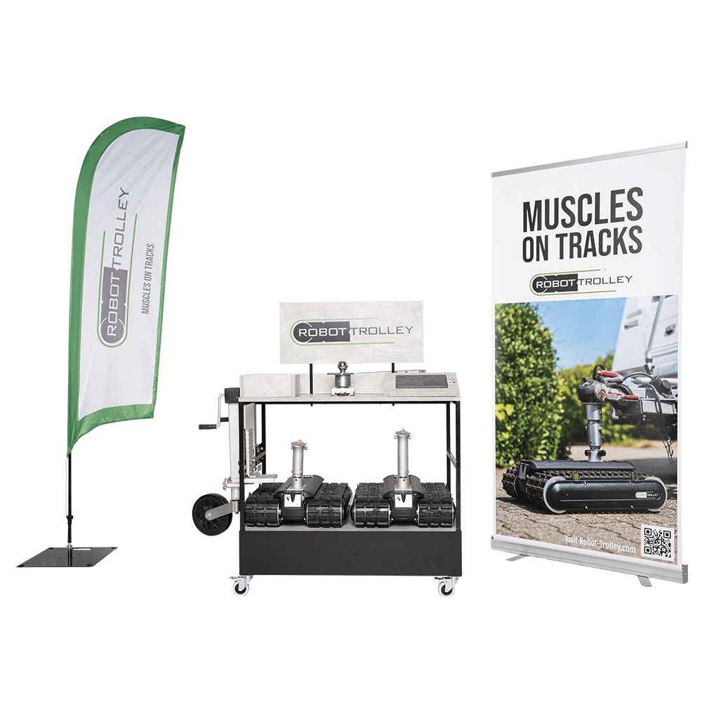 Robot Trolley showroom-materiale: rollup-banner, flag og demo-stand
